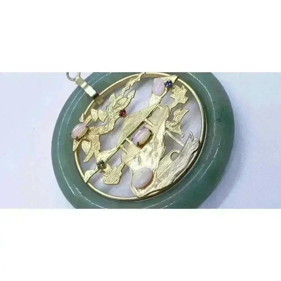 Vintage Jade Aventurine Eternity Circle Pendant Gold Filled Opal Rhinestone - Picture 4 of 9